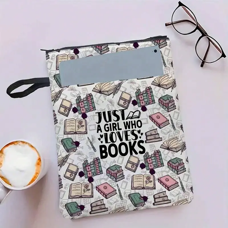 Waterproof Polyester Book Cover with Inspiring "Just a Girl Who Loves Books" Print, Extra Pockets and Smooth Zipper, Ideal Gift for Book Lovers, Librarians, Teachers and Graduates, Book Accessory, Book Organizer