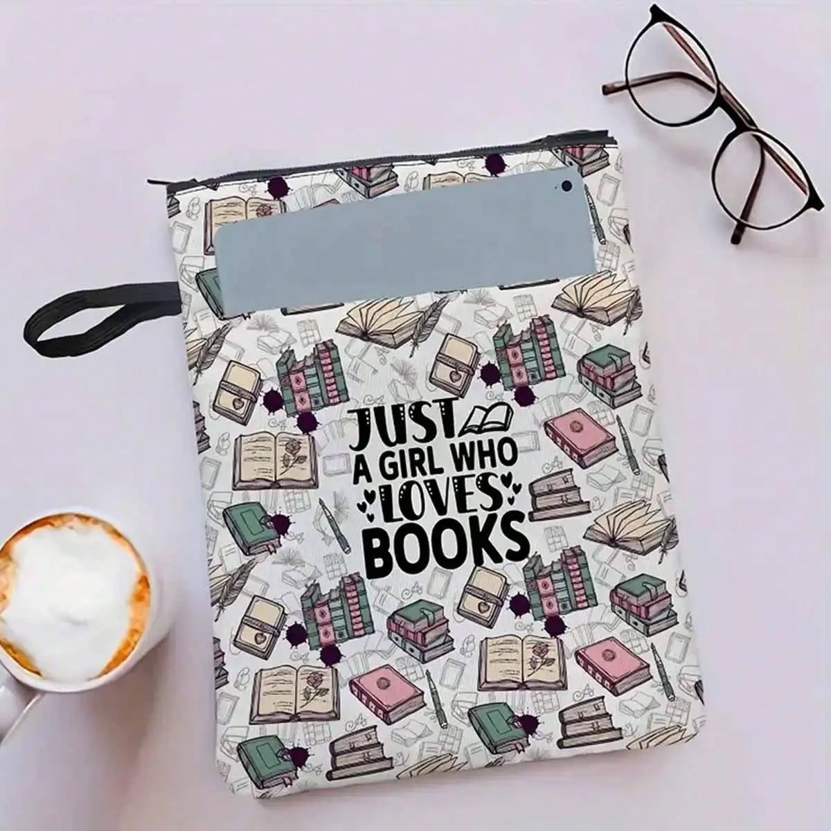 A waterproof polyester book cover - Inspiring "Just a Girl Who Loves Books" print with extra pockets and smooth zipper - Ideal gift for book lovers, l
