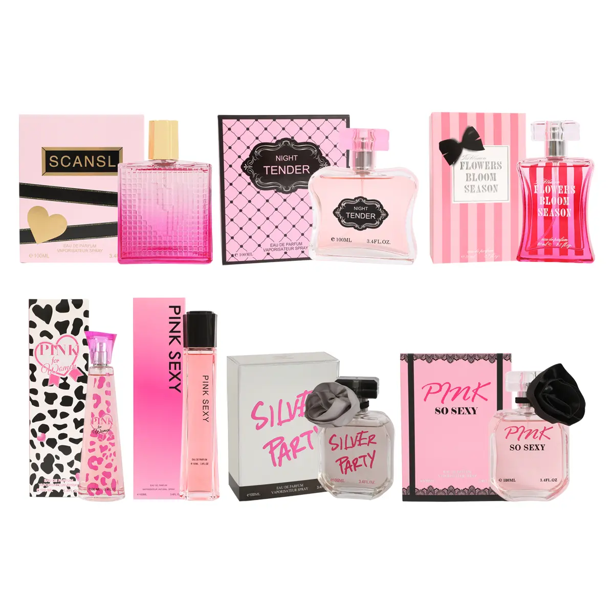 Bundle of 7 Women's Perfume Scansl EBC1318, Pink EBC1087, Night Tender-EBC1086-3, Pink So Sexy-EBC1067-3, Silver Party-EBC1320-3, For Women Flowers-EBC1031-3, and Pink Sexy-EBC5022-3 Eau de Parfum for Women - Women's Fragrance