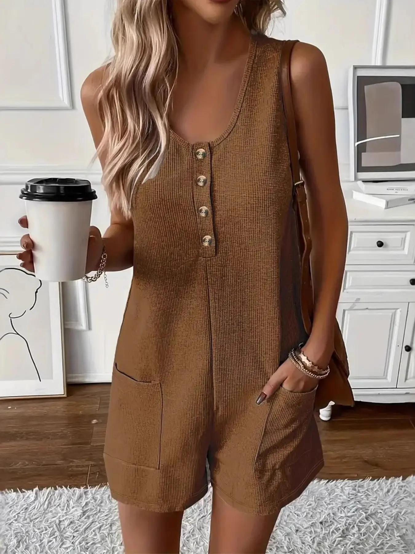 2026 Summer New Women's Casual Button Knit Pocket Jumpsuit, Sleeveless Vest Romper, Fashion, Chic, Trendy and Comfortable, Jumpsuits Rompers
