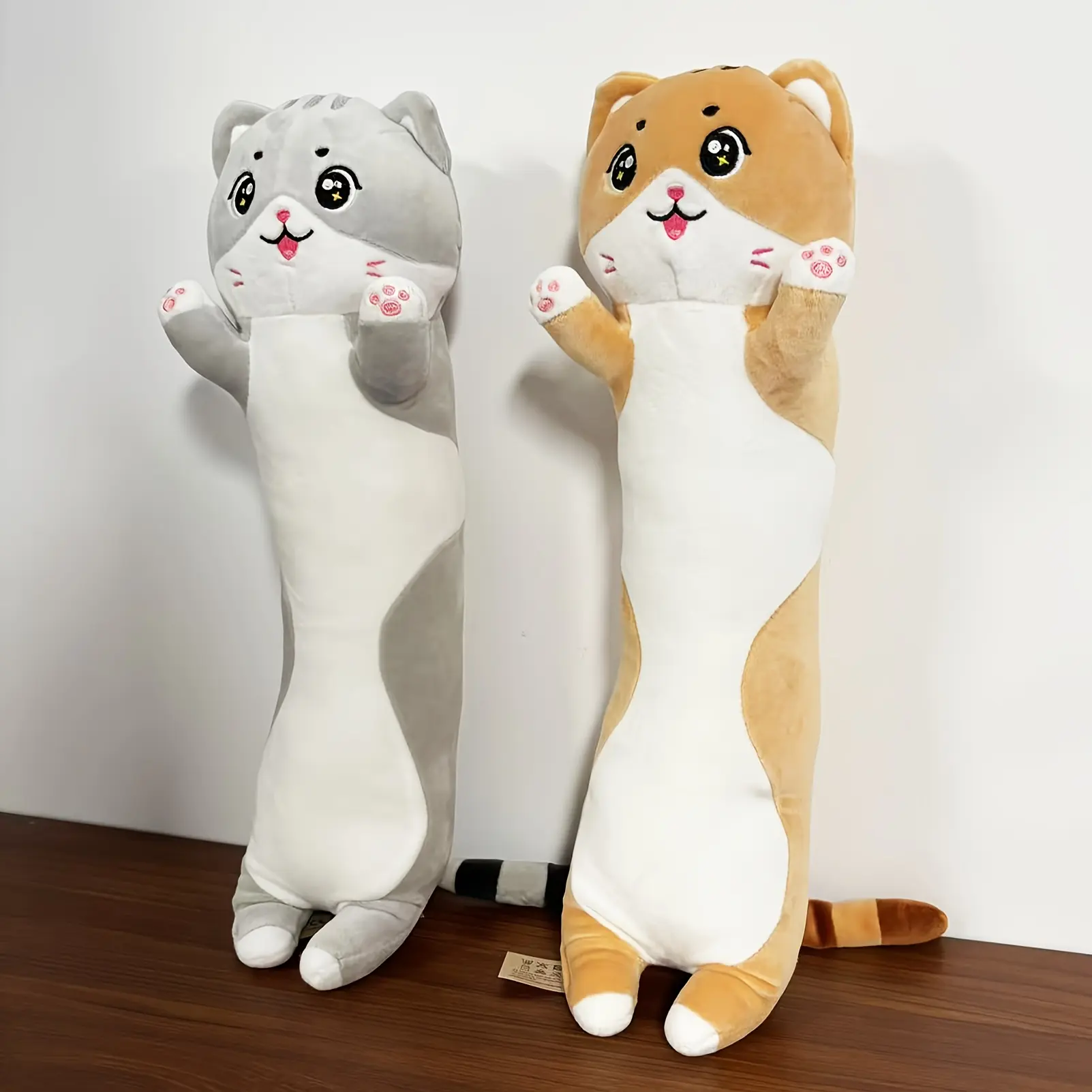 Playful Look Long Cat Stuffed Plush Toy - Soft Polyester, Cute Cartoon Design with Big Eyes, Fluffy Ears, Gray & Yellow, Durable Stuffed, Ideal for Home Decor, Holiday Gifting