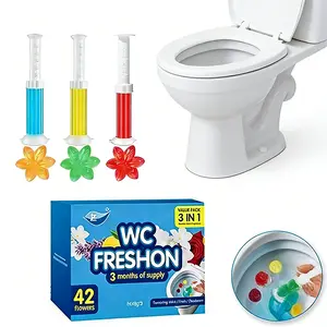 Toilet Gel Stamp, 3 Pack / 42 Stamps, Flower Scent Toilet Bowl Cleaner Gel Refills with Dispenser, Long-Lasting Freshness for 3 Months, Random Colors