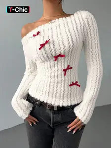 Valentine's Day Women's Bow Decor Asymmetrical Neck Tee, Cute Fitted Long Sleeve Knitwear Fabric Top for Fall & Winter, Women's Clothing for Daily Wear Feminine Womenswear
