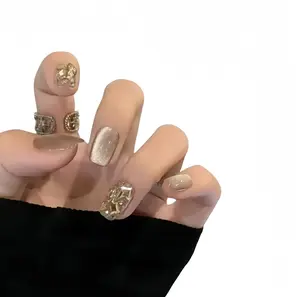 Reusable Handmade Acrylic Press-on Nails - Champagne-colored Crystal Stone Wearable Nail Art