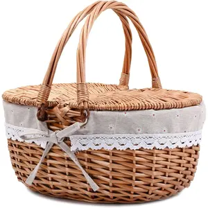 Wicker Picnic Basket with Lid and Handle Sturdy Woven Body with Washable Lining,Little Flowers