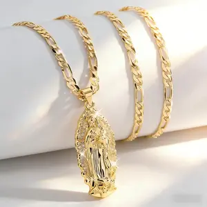 14K Gold Plated Our Lady of Guadalupe Pendant Necklace, Figaro Chain Virgin Mary Necklace with Cubic Zirconia, Religious Catholic Jewelry for Women Men, Protection Amulet Gift for Birthday Christmas