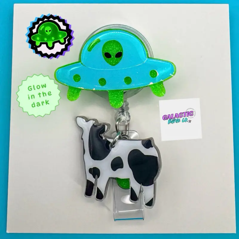 UFO Alien Cow Abduction Acrylic Badge Reel - Glow-in-the-Dark Green Spaceship Retractable ID Holder, Sci-Fi Gift for Nurses, X-Ray Techs, & RN Night Shift