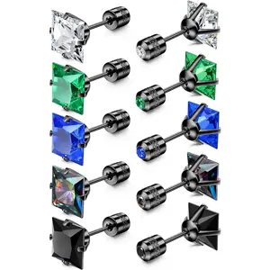 FIBO STEEL 5 Pairs G23 Titanium Steel Screw Back Stud Earrings for Women Men Rainbow Cubic Zirconia Hypoallergenic Fashion Accessories Exquisite Jewelry Gift