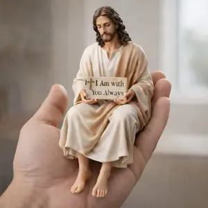 Jesus Resin Desk Companion Statue, Car Dashboard, Home Office Desk Decoration Jesus Christ Statue with "I Am With You Always" Sign, Handmade Sitting Religious Decoration, Stylish Religious Decor