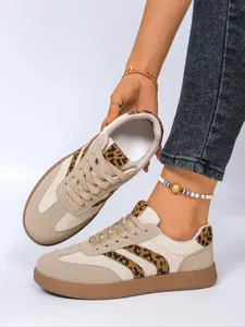 Women's Leopard Patchwork Retro German Trainer Shoes, Breathable Knitted Face, Lace-Up Lightweight, Non-Slip Rubber Sole, Versatile Commute School Weekend Walking Shoes