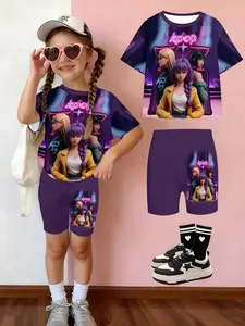 K-Pop Cyberpunk Girl Group Short Sleeve Set, Sweet Cool Anime Print, Slim-Fitting Two-Piece Summer, Casual Fashion