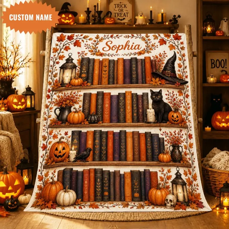 Personalized Halloween Bookshelf Quilt, Spooky Library Throw Blanket, Black Cat Pumpkin Fall Decor, Plush Flannel Bedding Blanket for Sofa Couch Bed Reading Nook, Book Lover Halloween Gift