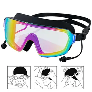 Anti-Fog HD Swim Goggles for Adults, UV Protection Large Frame Swimming Glasses with Ear Plugs, Leakproof Silicone Goggles for Men & Women