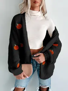 Women's Cute Pumpkin Embroidered Long Sleeve Sweater Coat, Casual Loose-Fitting Fall & Winter Commuter Wear, Daily Use