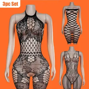 3-Piece Women's Fishnet Mesh Bodysuit Sleepwear: Black One-Piece Outfit with Elegant Cut | Perfect for Special Occasions, Holiday Outfits & Christmas Gift Ideas | Christmas Outfit Picks | Parent Bodysuit, Novelty Item, Back Comfort Bra with Shapewear Lace
