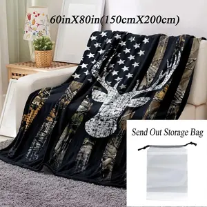 American Flag Deer Fleece Throw Blanket | Soft Cozy Lightweight Flannel Bedding for Sofa, Couch & Travel | Rustic Cabin Room Decor | Warm Outdoor Camping Blanket | Perfect Gift for Men & Hunters