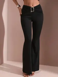 Women's Fashion High-Waisted Fitted Elastic Bell Bottom Pants, Solid Color, Perfect for Outdoor Activities, Office Wear, Casual Style, Womenswear