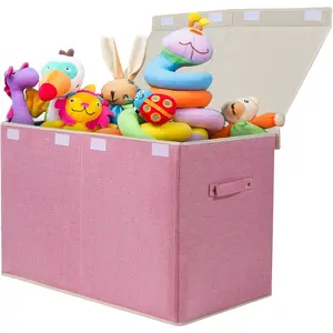 Large Toy Box Chest Storage with Flip-Top Lid, Collapsible Kids Toy Storage Bin Boxes Container for Boys, Girls, Nursery, Playroom, 25"x13" x16" (Linen Pink)