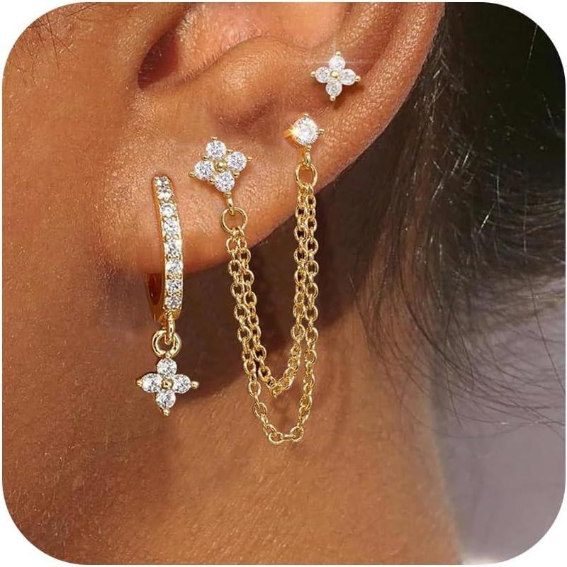 Sterling Silver Stud Hoop Earrings Set, Dainty Gold Silver Flower Chain ...