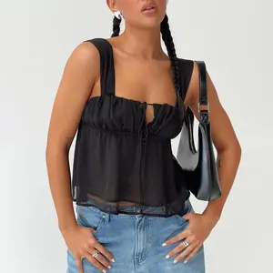 Women Summer Beach Tanks Ruched Bust Tie-up Cami Sexy Going Out Tops Cute Tulle Peplum Babydoll Shirts (Pink, M) Black Casual Womenswear Chic Polyester Basic Fitted Minimalist Multi-Color Sleeveless