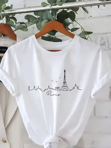 Paris Skyline Eiffel Tower Women's Cotton T-Shirt, Minimalist Line Art Graphic Tee, Casual Summer Short Sleeve Top