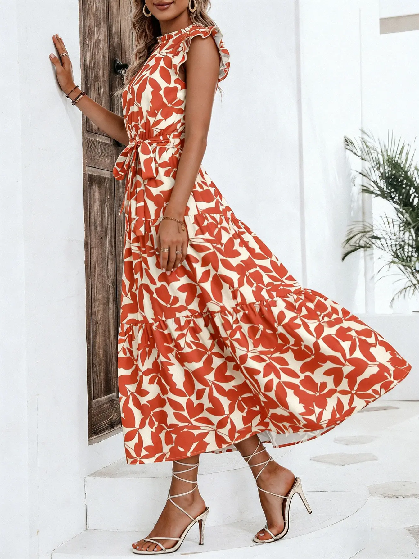 A women's fashionable printed ruffled puff sleeve stand collar tie-up fairy dress, suitable for summer, beach vacations, dates, gatherings, and other casual occasions. - TikTok Shop A women's fashionable printed ruffled puff sleeve stand collar tie-up fairy dress, suitable for summer, beach vacations, dates, gatherings, and other casual occasions. - TikTok Shop
