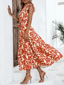A women's fashionable printed ruffled puff sleeve stand collar tie-up fairy dress, suitable for summer, beach vacations, dates, gatherings, and other casual occasions.