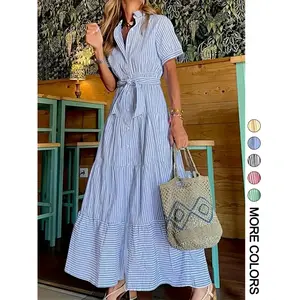 Women's Striped Print Belted Button Dress, Elegant Casual  Long Dress for Summer, Women's Clothing for Daily Wear
