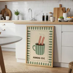 [No Frame] Coffee Diver Poster, Funny Good Morning Art, Coffee Station Print, Striped Mug, Quirky Kitchen Wall Decor, Colorful Coffee Lover Gift