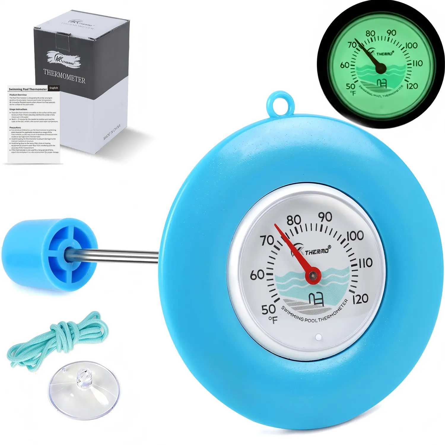 Floating Glow Pool Thermometer – Battery-Free, Easy Read, IPX6, SS Probe