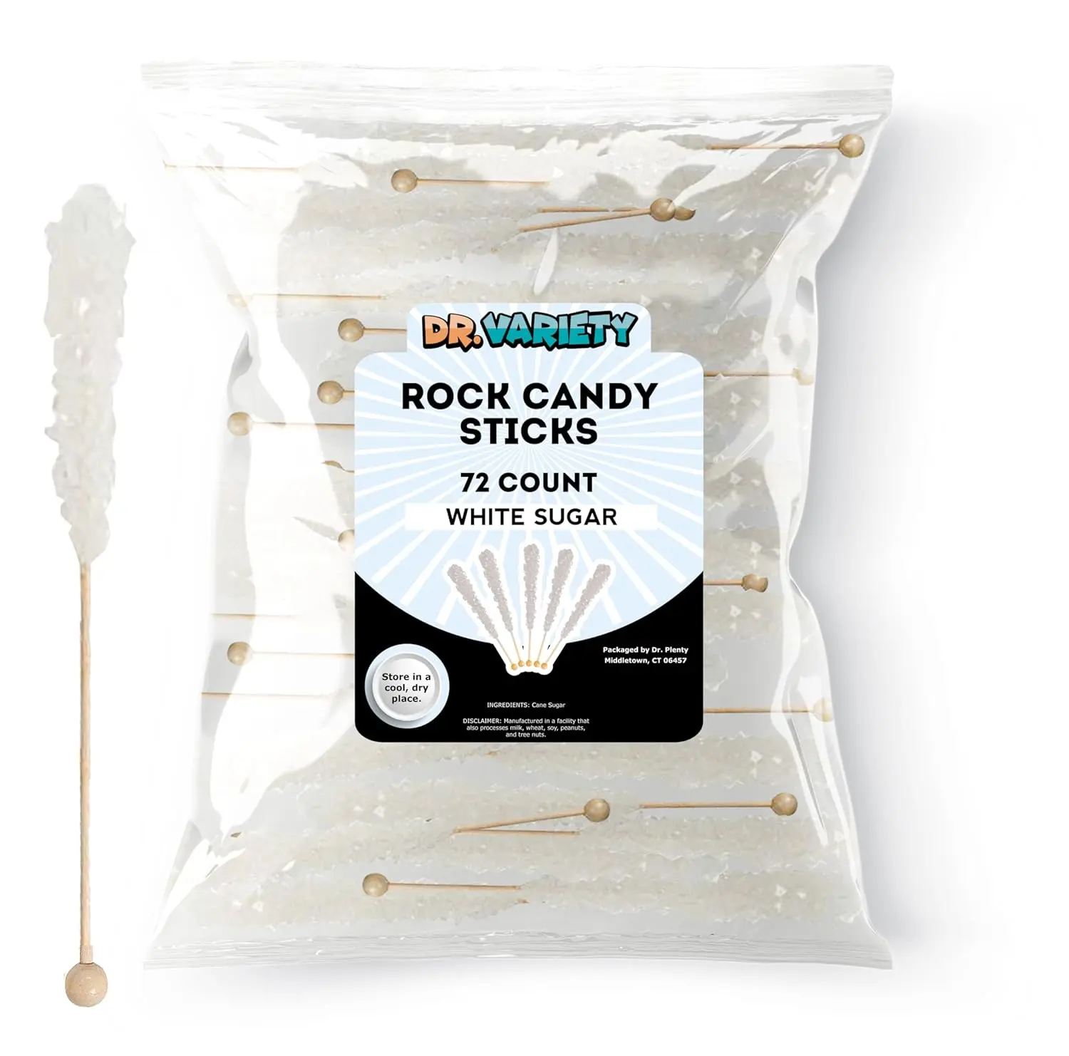 White Rock Candy Sticks – White Sugar Flavored Dragone Breath Candy, 72 Pack Bulk Individually Wrapped Sugar Crystals for Party Favors, Weddings, Baby & Bridal Showers – By Dr. Variety