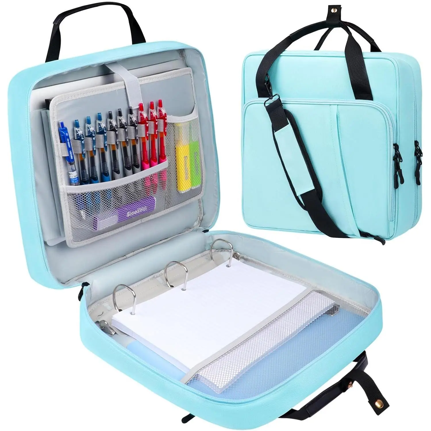 3 D-Ring Zipper Binder 2 inch with  Strap,  Oxford Binder with Zipper Storage 500 Sheets Capacity, Multi-Pockets Organizer Bag for 13 inch Laptop College Office (Blue)