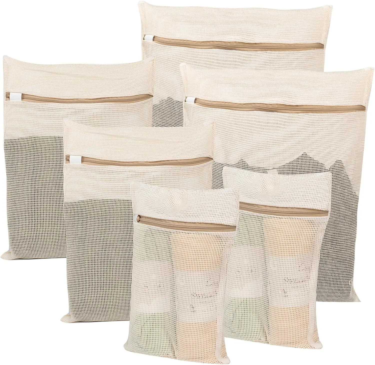 6-Piece Durable Cotton Mesh Laundry Bag Set with Sturdy Zipper Breathable Mesh for Underwear Clothes Pants Shoes and Socks