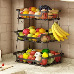 3-Tier Counter Fruit Basket, Kitchen with 2 Banana Hooks, Detachable Metal Mechanism, Wooden Handle for Vegetables and Fruits, Large Capacity Rectangular Storage Bowl Rack, Black