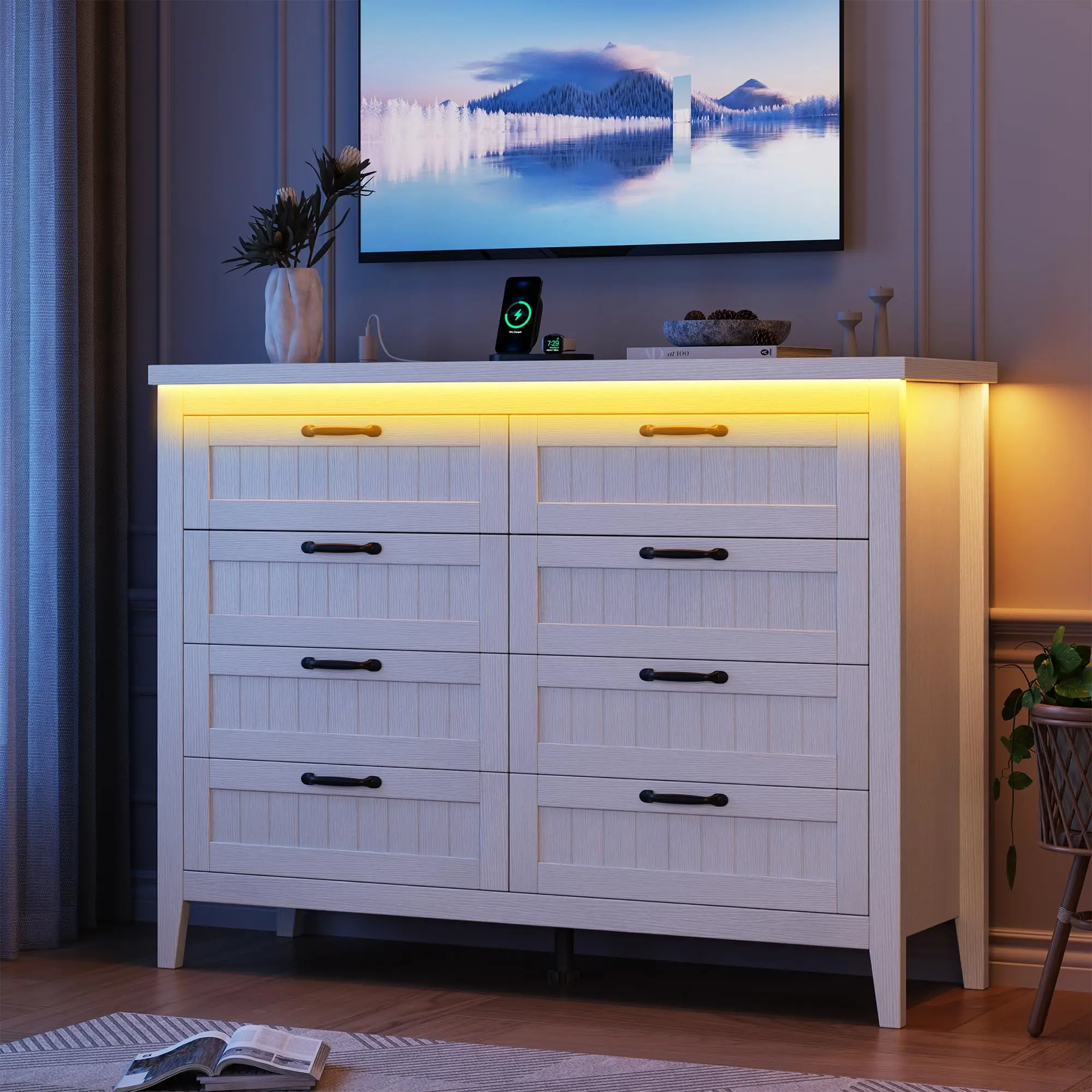 Dresser for Bedroom with 3/5/6/8 Drawers, Mid Century Modern Dressers with LED Light and Power Outlet, Wide Chest of Drawer, Large Wood Accent Storage Cabinet for Living Room,dorm essentials,home decor