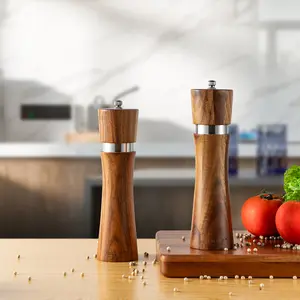 Bill.F Acacia Wood Pepper Grinder, 8.5" Manual Salt & Pepper Mill with Adjustable Ceramic Core, Rustic Wooden Spice Grinder for Kitchen & Dining