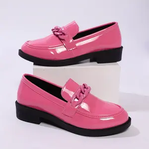 Women's Glossy Chain-Accent Loafers Chunky Sole Vibrant Daily Footwear in Bold Bright Pink Classic Slip-On Design for Comfort and Style