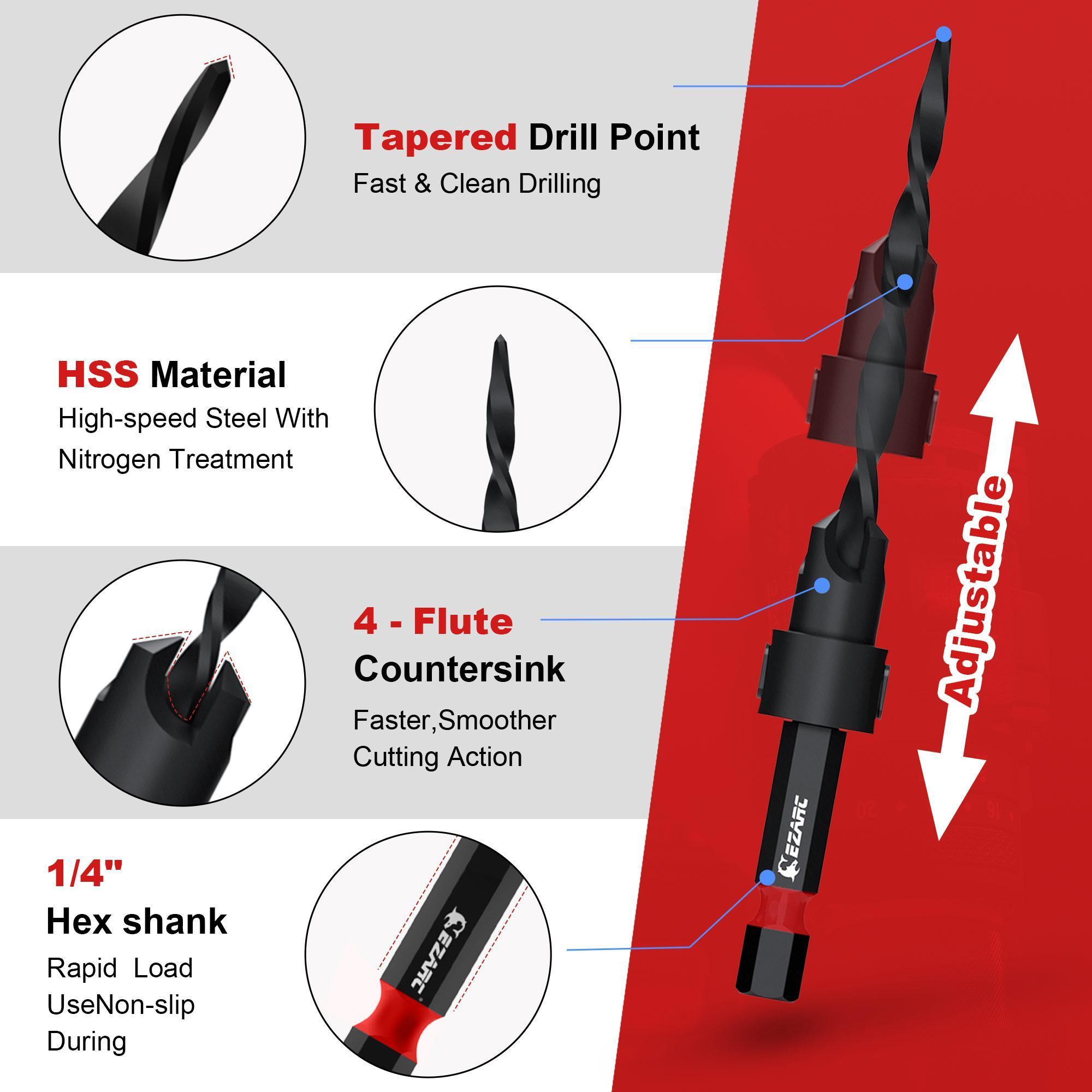 EZARC Wood Countersink Drill Bit Set With 1/4" Hex Shank for Woodworking, Quick Change for Woodworking with Storage Box, Christmas Gift EZARC Wood Countersink Drill Bit Set With 1/4" Hex Shank for Woodworking, Quick Change for Woodworking with Storage Box, Christmas Gift