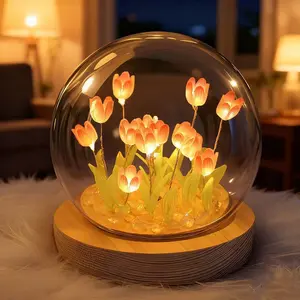 DIY Handmade Tulip Flower Night Light 10x10cm LED Bedside Lamp with Wooden Base & Dome Glass Shade Christmas Gifts for Bedroom & Desk Decor Perfect Birthday Present