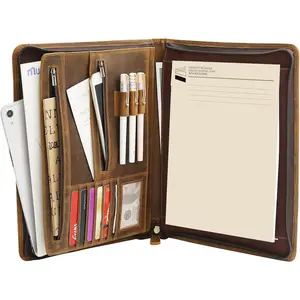 Leather Portfolio Organizer with Zipper for Men Women, Leather Padfolio Business Resume Legal Pad Portfolio Notebook Binder for A4/Pad, Brown