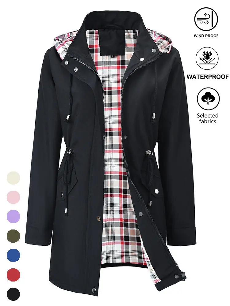 Clean Gent women’s casual fitted hooded trench coat with a drawstring waist and link button closure, plaid lining, waterproof and windproof, long sleeves for spring and autumn, relaxed fit, suitable for everyday wear.