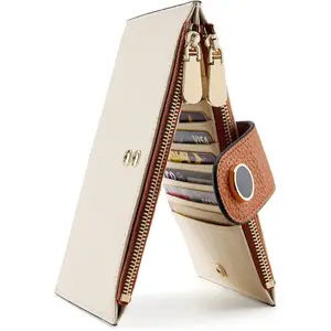 Leather Wallets for Women Large RFID Blocking Slim Bifold Purse Card Holder with Zipper Pocket Beige Brown