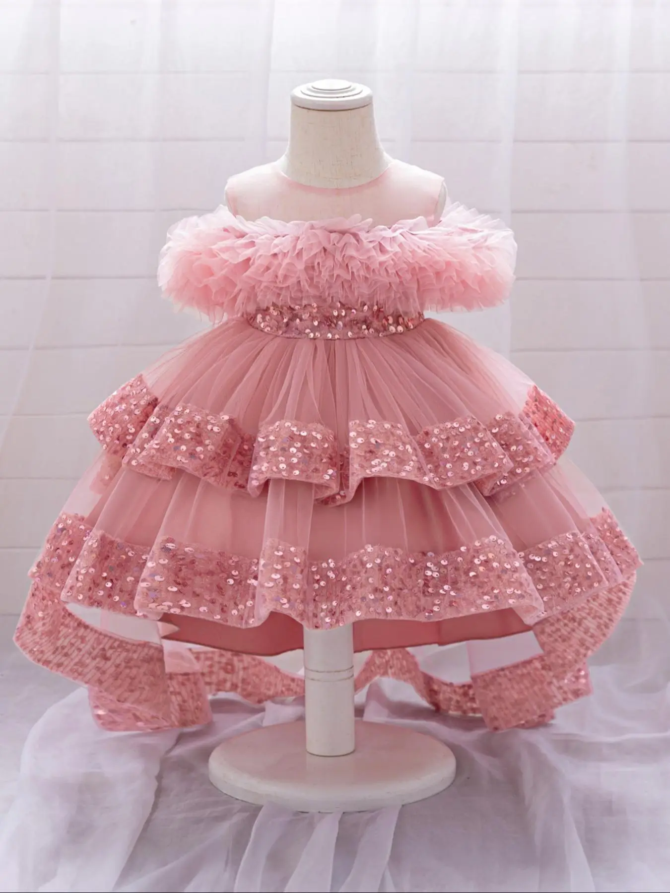 Pink Sequin Trailing Puffy Baby Girl Clothes Christening Cocktail Toddler Baptism Pageant Ball Gown Princess Dress for all Season 6 Months to 3 Years