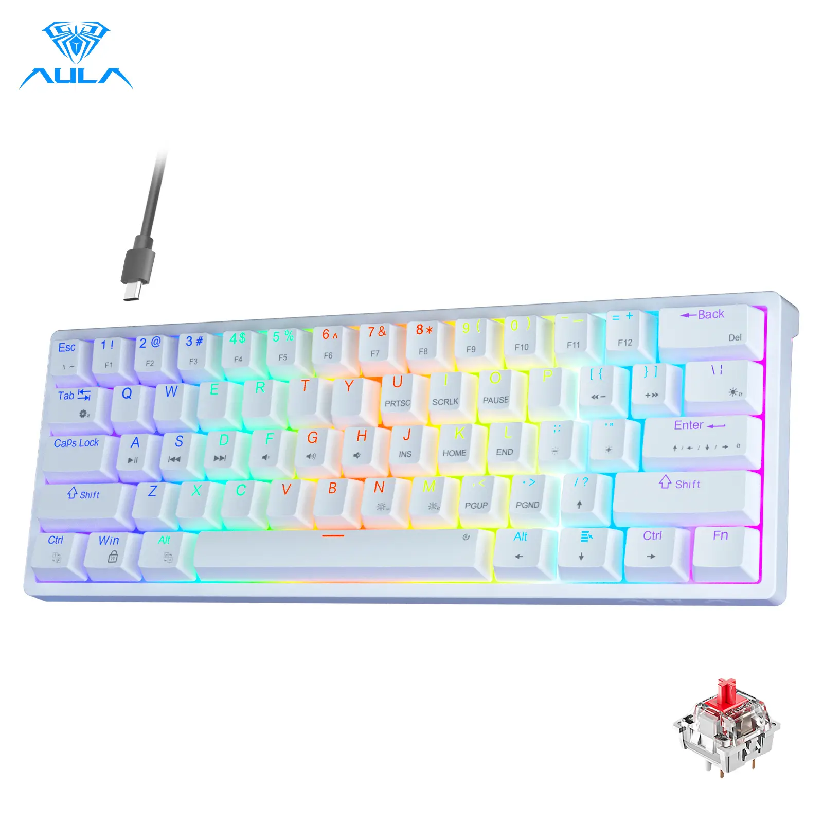 AULA F3261 60 percent wired mechanical gaming keyboard white keyboard 29 RGB backlight hot swappable plug red axis mini compact birthday gift rainbow