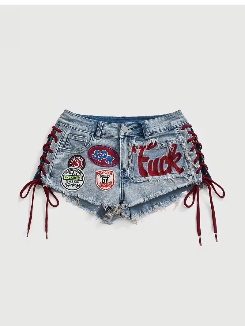 Y2K Sporty Printed Logo Embroidered Drawstring Low Waist Mini Denim Shorts, Blue Washed Fringed Hem Lace-Up Casual Jeans Shorts for Women