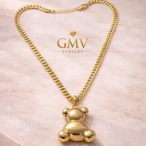 GMV Jewelry Golden Teddy Luxe Necklace - 18K Gold Plated Brass Pendant for Layering or Wear Alone - High-Shine Polished Design - Playful Elegance & Modern Luxury