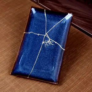 Premium Kintsugi Ceramic Fruit Plate | Blue Reactive Glaze Dry Food Tray