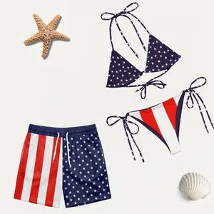 USA Flag Matching Couple Swimwear Set, Patriotic American Stars & Stripes Bikini & Board Shorts, Perfect Gift for Him & Her