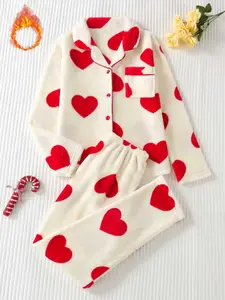 Women's Elegant Flannel Fitted Pajama Set, Heart Print Long Sleeve Button-Up Top & Comfortable Pants, Winter Warm Home Wear Loungewear Pjs