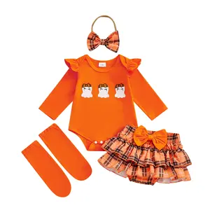 Baby Girl Clothes Sets Long Sleeve Halloween Ghost Embroidery Romper with Skort Headband and Stockings